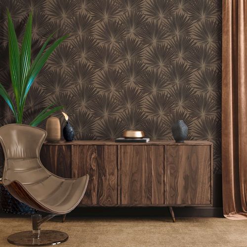 Non-woven wallpaper brown gold metallic leaves 39090-4