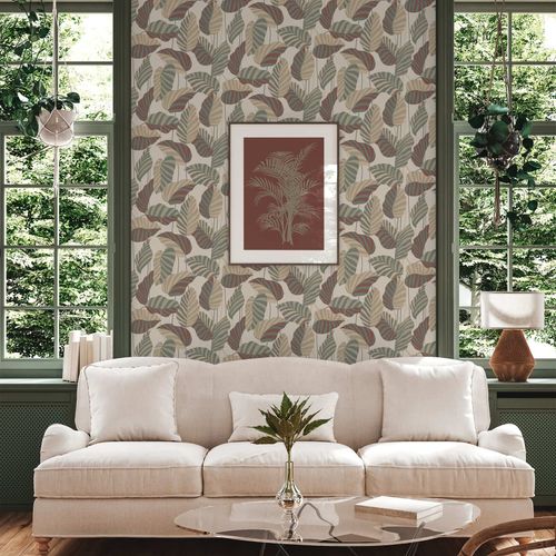 Non-woven wallpaper white green gold metallic leaves 39094-1