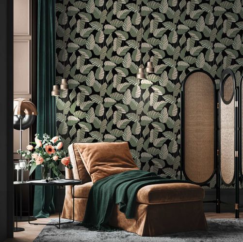 Non-woven wallpaper black green gold leaves 39094-2
