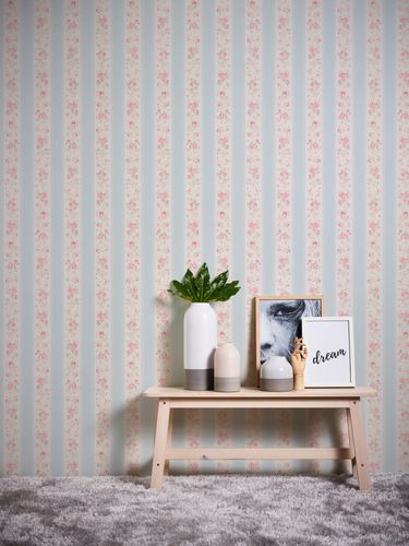 Non-woven wallpaper stripes roses blue white pink 39069-1