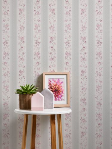 Vliestapete Streifen Floral Punkte Grau Weiß Rosa 39069-2 Detail