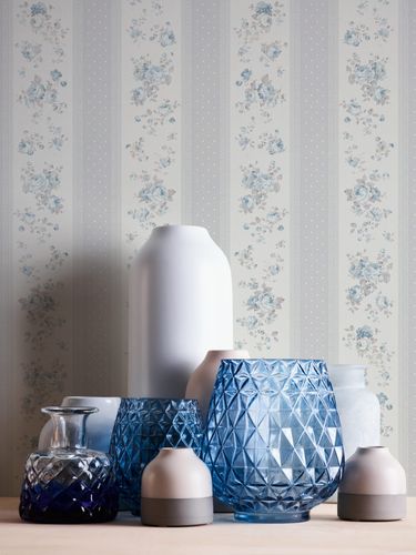 Non-woven wallpaper stripes roses grey white blue 39069-3