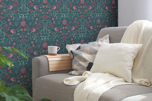 Non-Woven Wallpaper Flowers Birds Petrol Pink Blue 39075-4