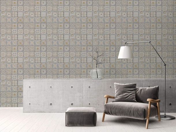 Vliestapete Mosaik Fliesen Weiß Grau Glitzer 38921-2 Raum