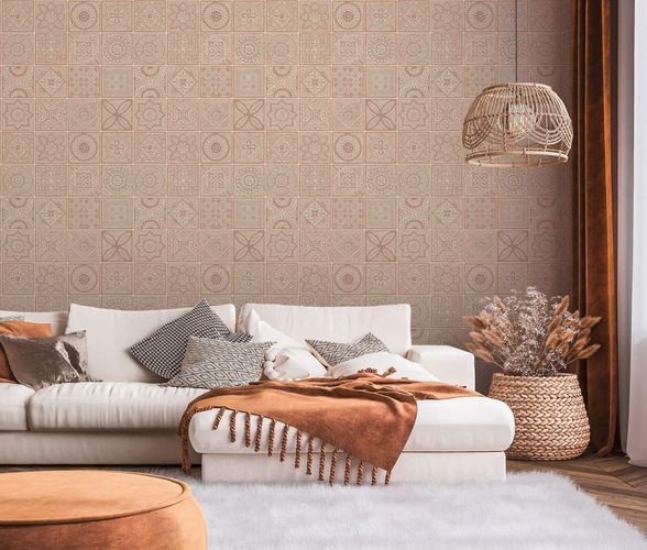 Vliestapete Mosaik Fliesen Orange Creme Glitzer 38921-3 Zimmer