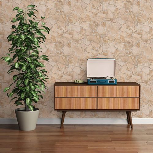 Vliestapete Steinmauer 3D-Optik Beige Creme 3893-29 Raum