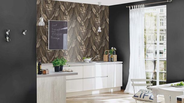 Non-woven wallpaper Rasch 751833 leaves black gold metallic