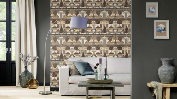 Non-woven wallpaper Rasch 746228 animals palace beige grey