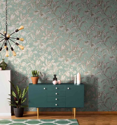Non-woven wallpaper leaf pattern green gold metallic 82341