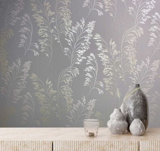 Non-Woven Wallpaper Floral Grass grey Gold Metallic 82343