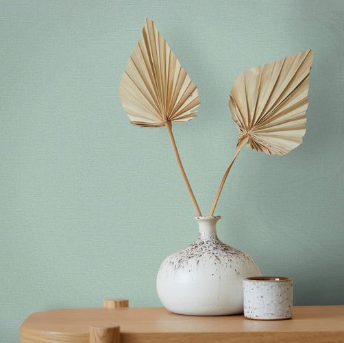 Non-woven wallpaper plain linen texture light green 82354