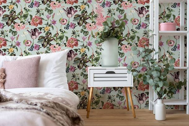 Non-Woven Wallpaper Floral Tulips Green Pink Yellow 47459