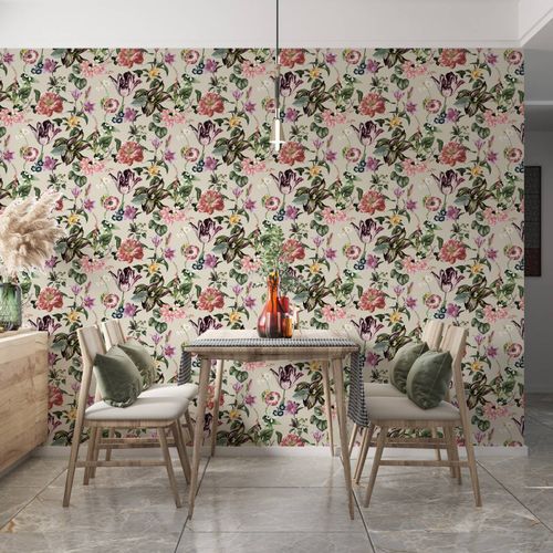 Non-woven wallpaper floral tulips beige green pink 47461