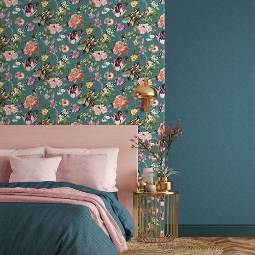 Non-Woven Wallpaper Floral Tulips Petrol Green Pink 47462