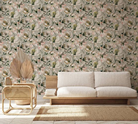 Non-woven wallpaper flowers magnolia beige white 47464