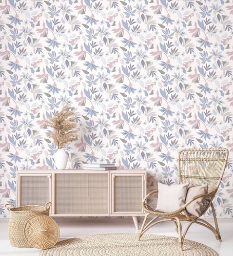 Non-woven wallpaper abstract flowers white purple 47470