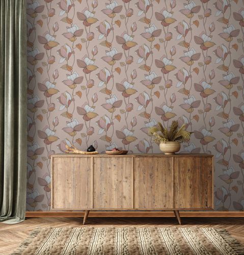 Non-woven wallpaper flowers drawing orange beige 47471