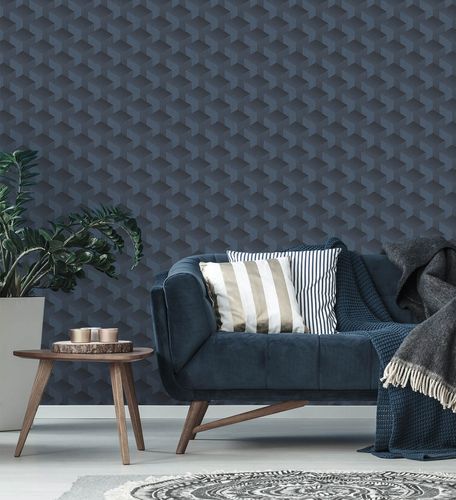 Non-woven wallpaper 3D look cubes blue black 38963-4
