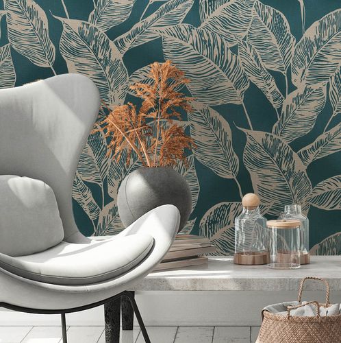 Non-woven wallpaper leaf pattern blue beige 38663-1