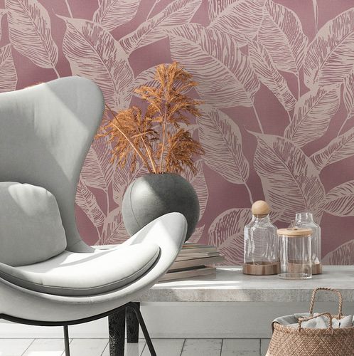 Non-woven wallpaper leaf pattern lilac grey 38663-4