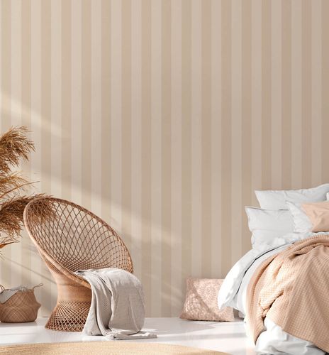 Non-woven wallpaper stripes linen look beige cream 38665-2