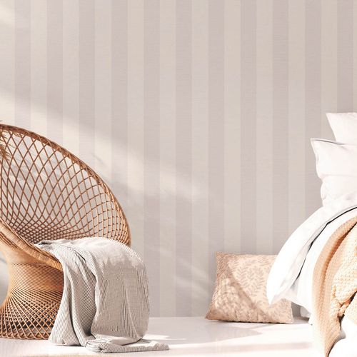 Non-woven wallpaper stripes linen look grey white 38665-3