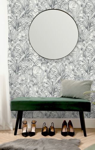 Non-Woven Wallpaper Jungle Leaves White Black A51401