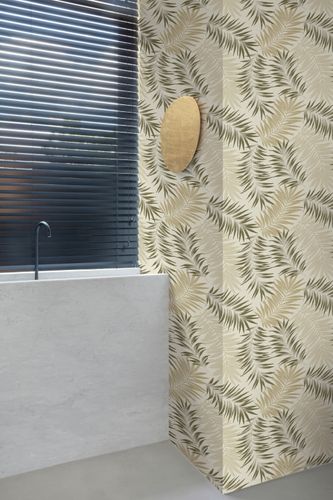 Non-woven wallpaper leaves cream white green A56202