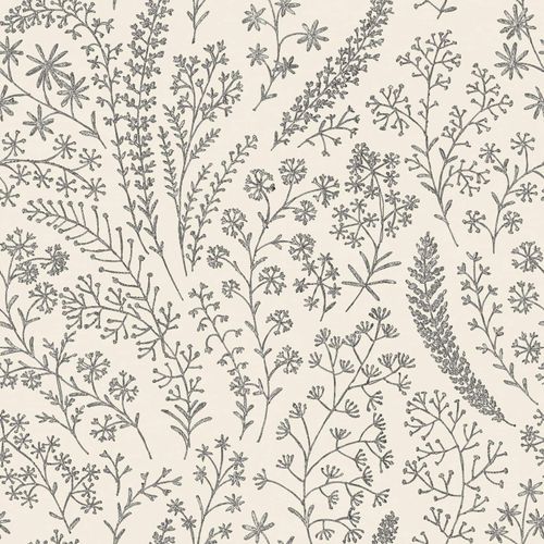 Non-Woven Wallpaper Flowers Grasses White Black A58701