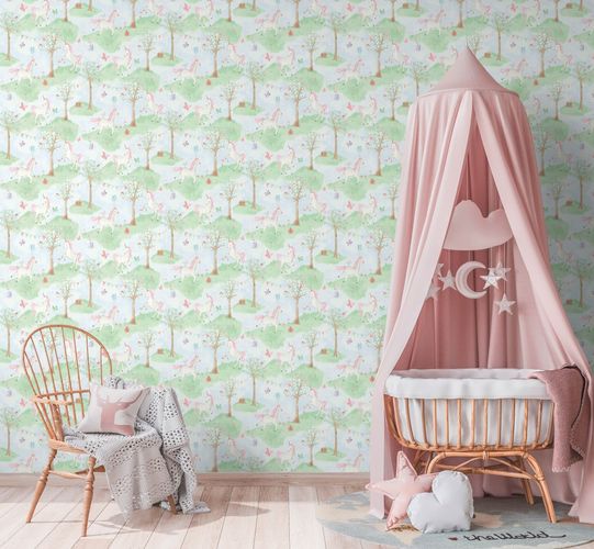 Non-woven wallpaper unicorn forest white pink blue JS2002