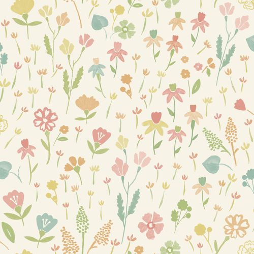Non-Woven Wallpaper Flowers Cream Green Orange MN3505
