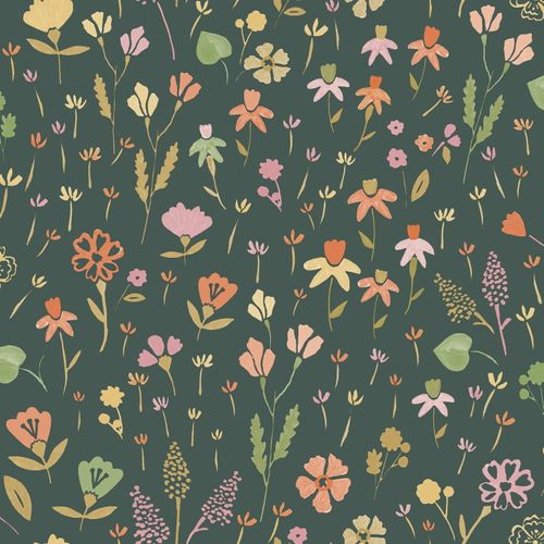 Non-woven wallpaper flowers black yellow pink MN3513