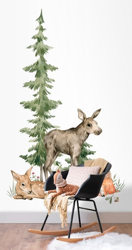 Rasch Wandbild Baum Natur Tiere Weiß Grün Braun 365009 Raum