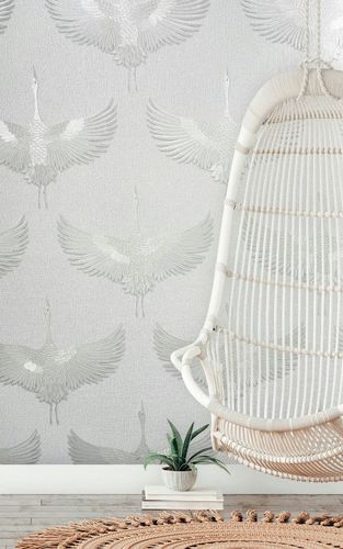 Vliestapete Stoff Optik Kranich Weiß Metallic 34528 Raum