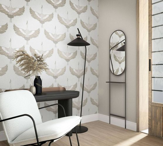 Non-woven wallpaper crane white beige metallic 34529