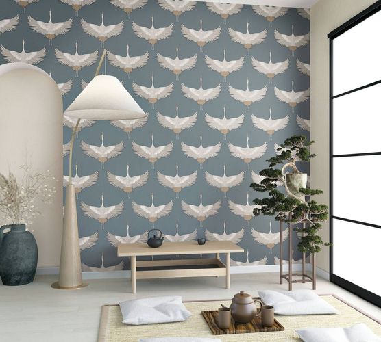 Vliestapete Stoff Optik Kranich Blau Kupfer Metallic 34531 Wohnzimmer