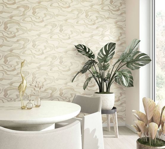 Vliestapete Linien Wellenmuster Beige Metallic 34535 Esszimmer