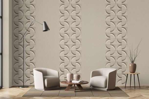 Vliestapete Stuckelement rund 3D-Effekt Grau Beige 34466 Raum