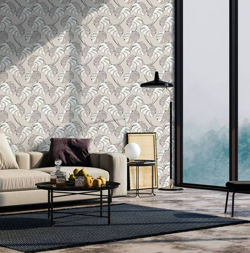 Non-woven wallpaper floral leaves grey beige brown 81606