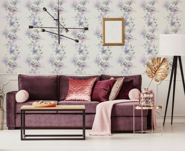Non-woven wallpaper flowers white purple blue 81625