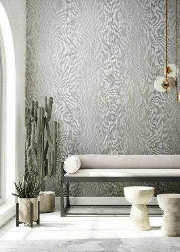 Non-woven wallpaper waves cream green metallic 82401