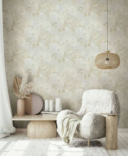 Non-woven wallpaper tropics palm leaves beige grey 82413