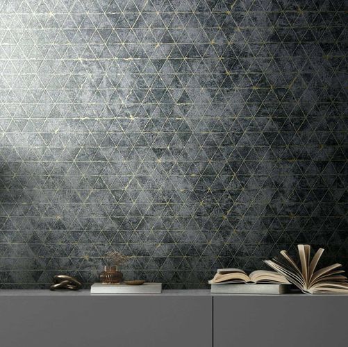 Vliestapete Mosaik Dreiecke Anthrazit Gold Metallic 82425 Raum