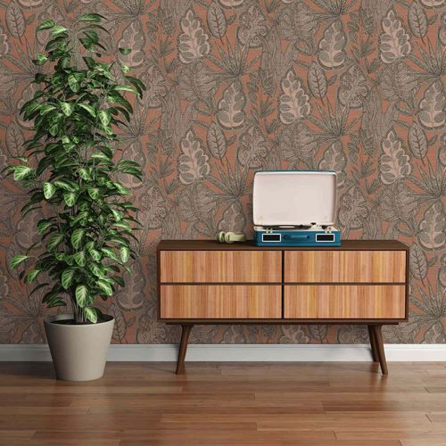 Vliestapete Blattmuster Textiloptik Orange Braun 39346-2 Flur