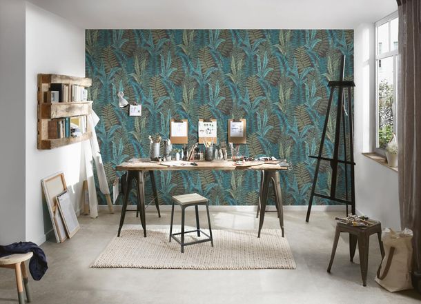 Vliestapete Blätter Farne Tropen Schwarz Grün 39347-3 Atelier