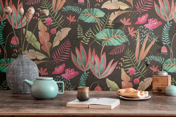 Vliestapete Floral Dschungel Schwarz Rosa Grün 39348-1 Esszimmer