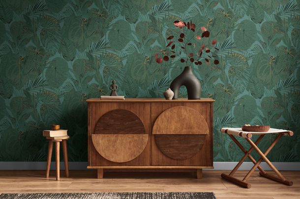 Non-woven wallpaper leaves petrol green gold 39355-3