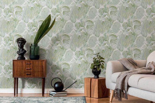 Vliestapete Dschungel Blätter Weiß Grün Gold 39355-4 Wohnzimmer