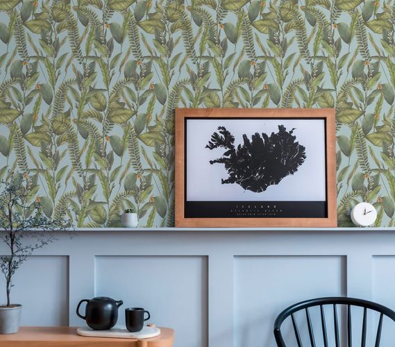 Non-woven wallpaper leaf pattern blue green 39413-3