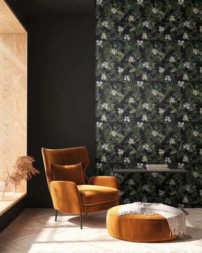 Non-woven wallpaper leaves flowers black green 39424-4